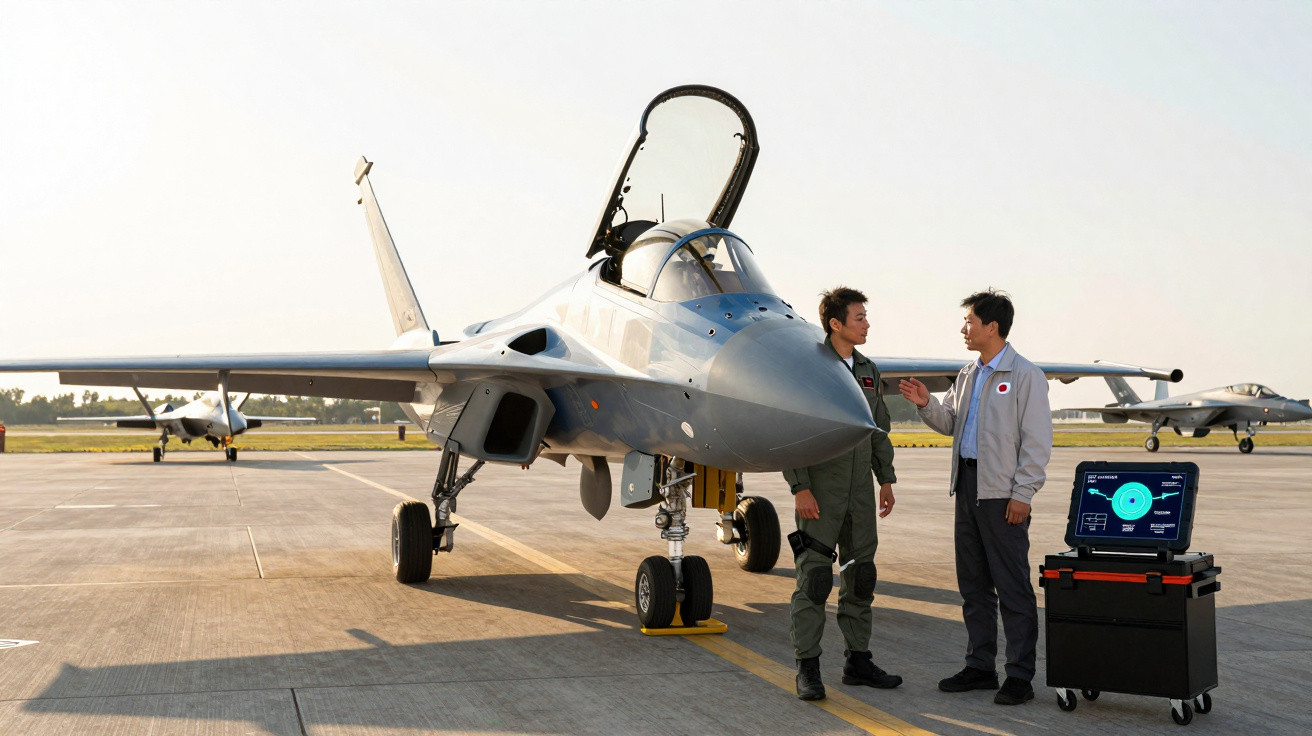 Avião militar estacionado com piloto e técnico ao lado, ambos em conversa junto a equipamento de diagnóstico.