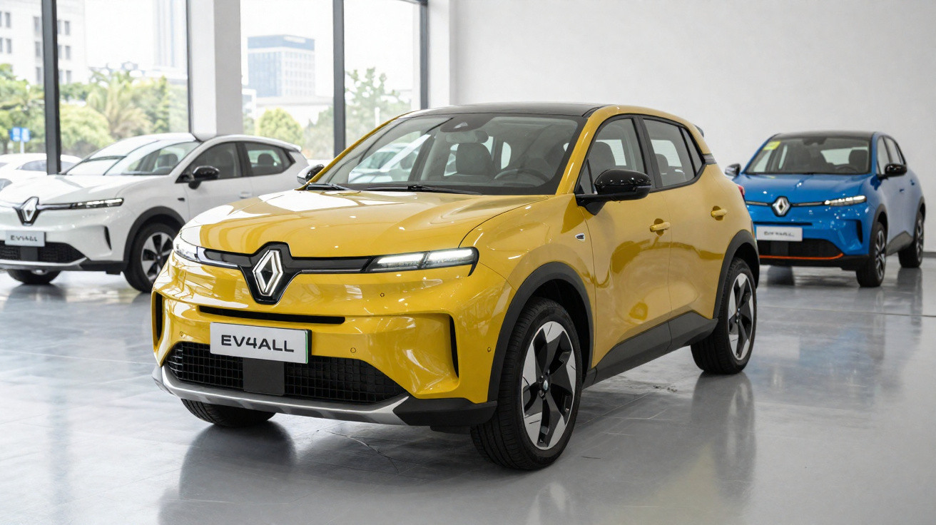 Três carros elétricos Renault EV4ALL em exposição, em amarelo, branco e azul, num espaço interior moderno.