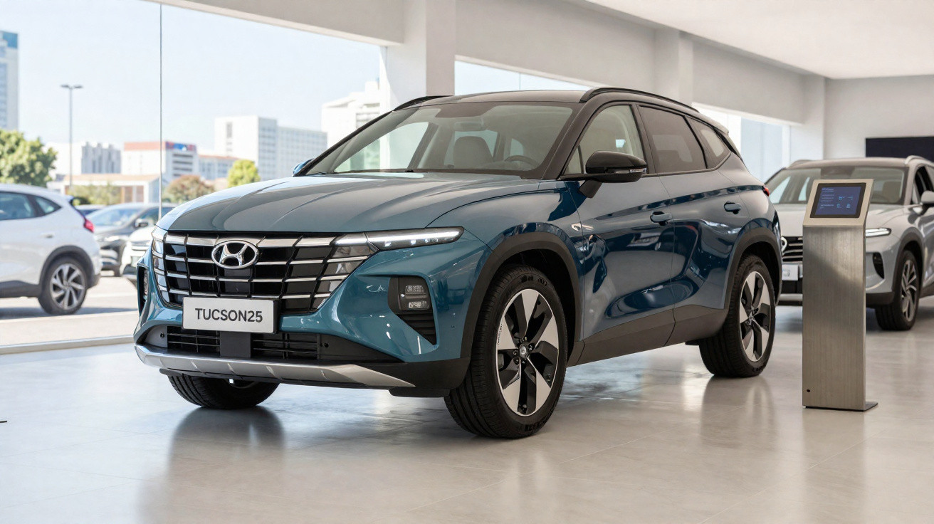 Automóvel Hyundai Tucson 2025 azul exposto em concessionária moderna com grandes janelas.