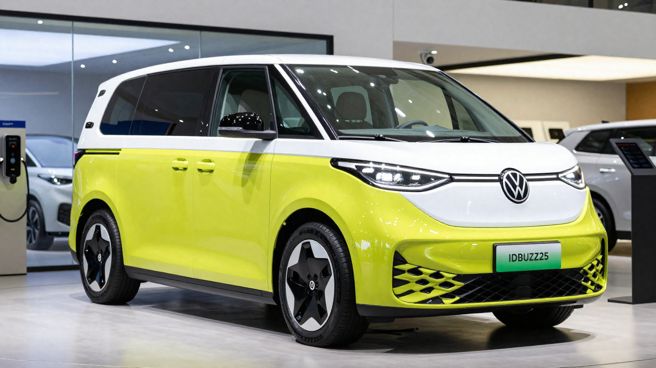 Volkswagen ID.Buzz amarelo e branco estacionado em espaço interior moderno, vista frontal lateral direita.