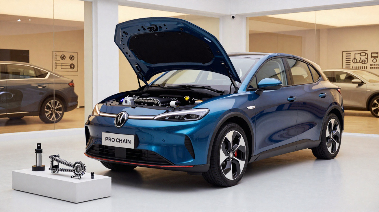 Carro elétrico azul com capô aberto e sistema de corrente à frente em exposição numa sala moderna.