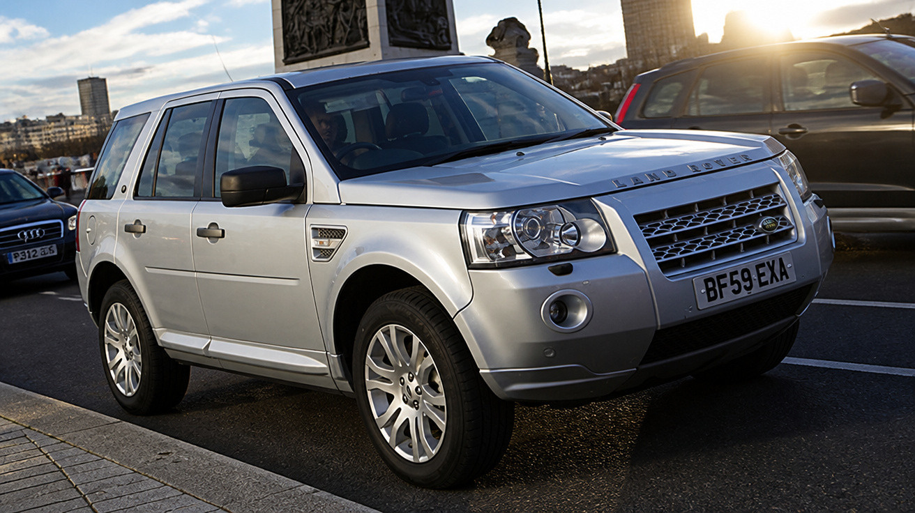 Carro SUV Land Rover prata estacionado numa rua urbana com edifícios ao fundo ao pôr do sol.