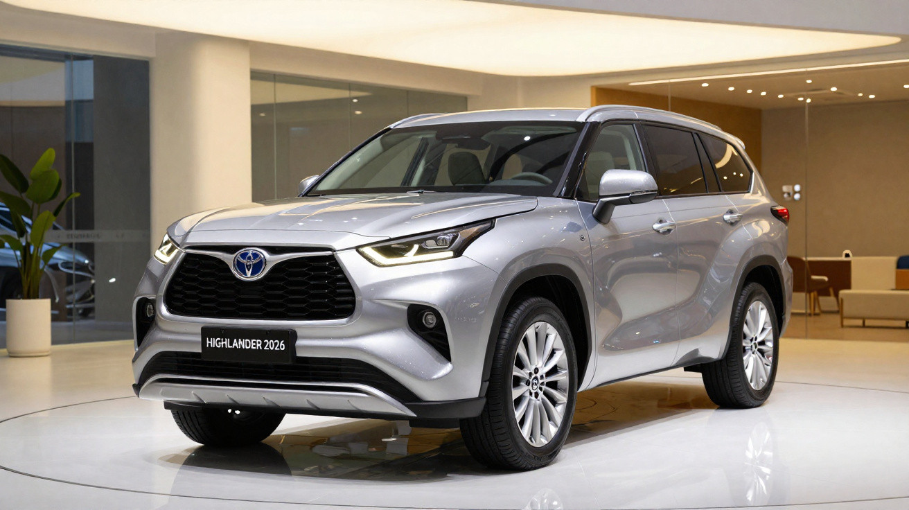 Toyota Highlander 2026 prateado, SUV moderno em ambiente interior com luz suave.
