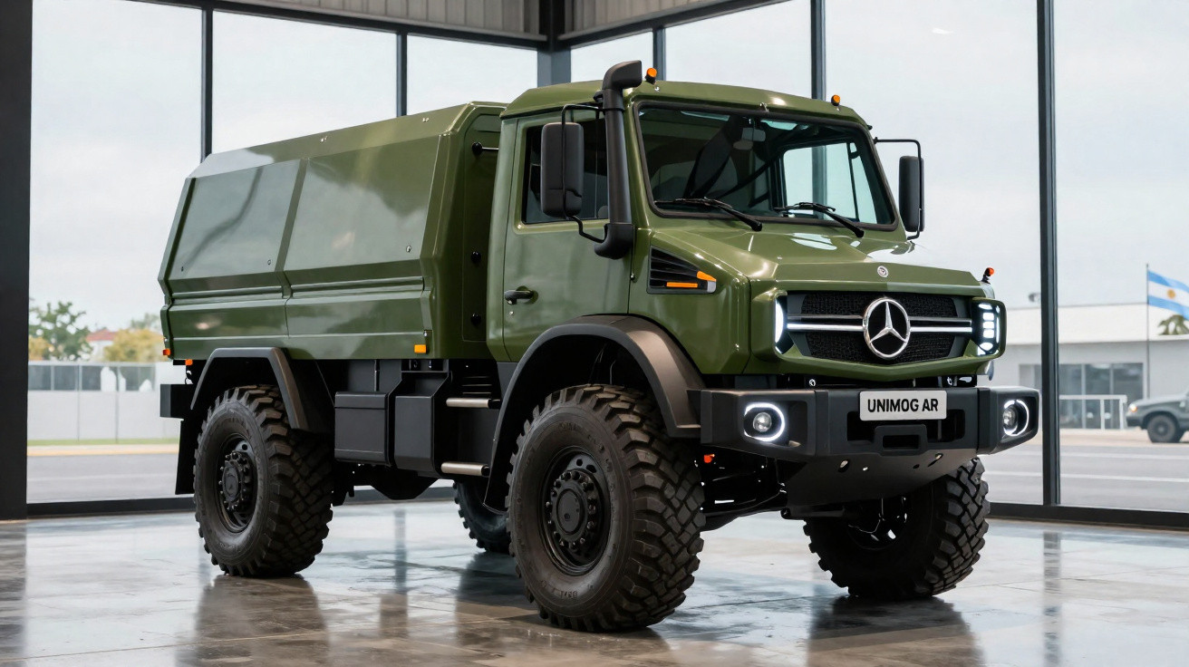 Camião militar verde Mercedes-Benz Unimog AR exposto num salão com grandes janelas de vidro.