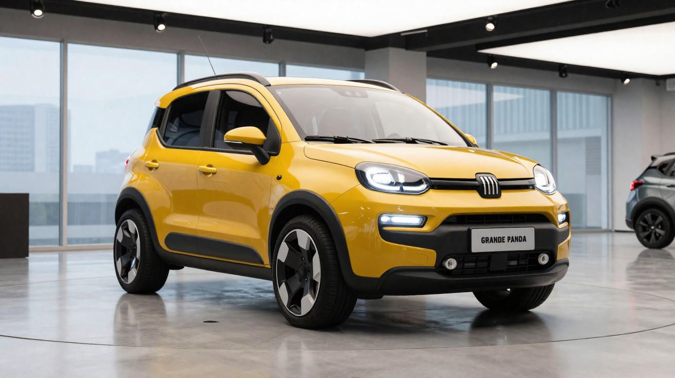 Carro compacto amarelo Fiat Grande Panda num showroom moderno com janelas amplas e luzes no teto.