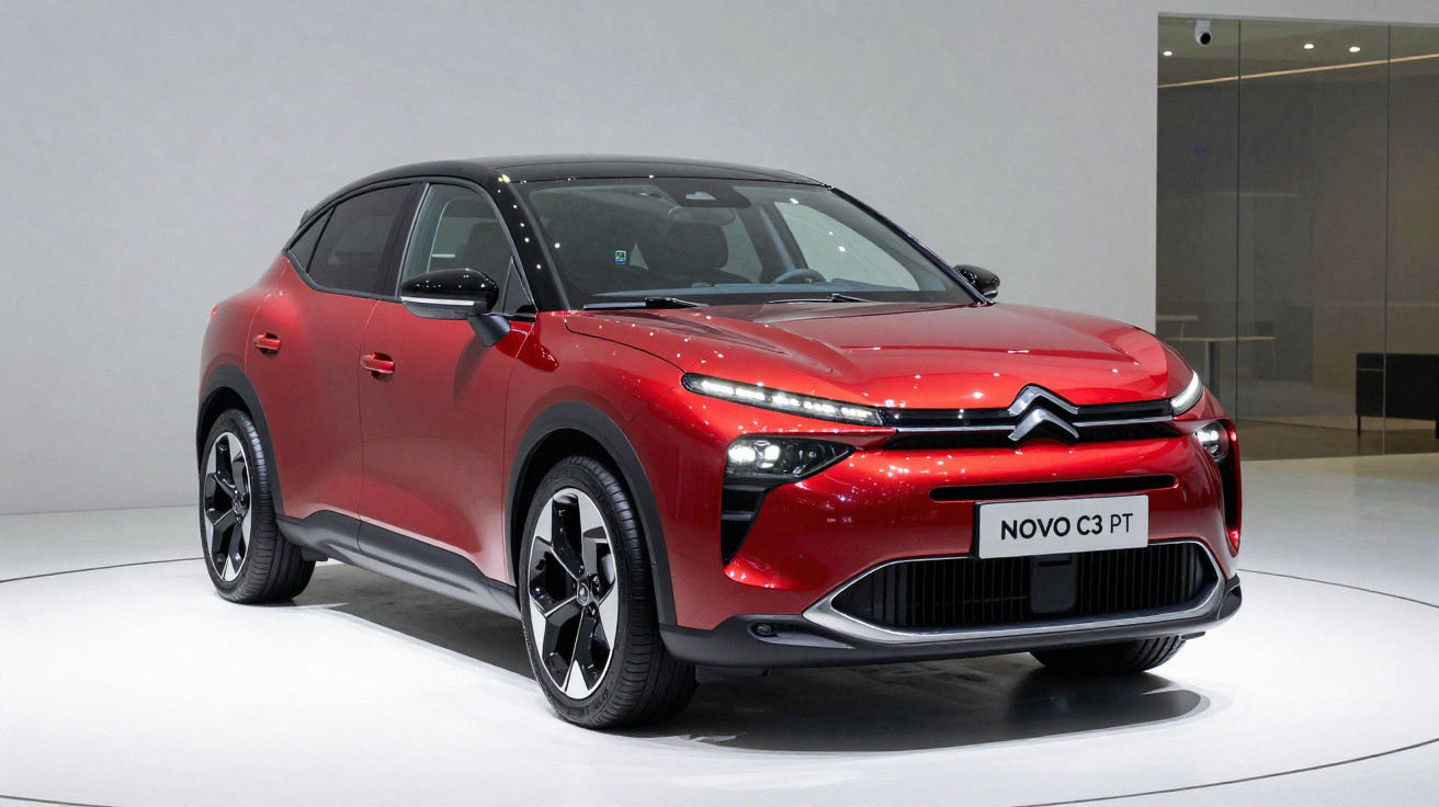Automóvel Citroën Novo C3 PT vermelho com tejadilho preto, apresentado em palco minimalista branco.