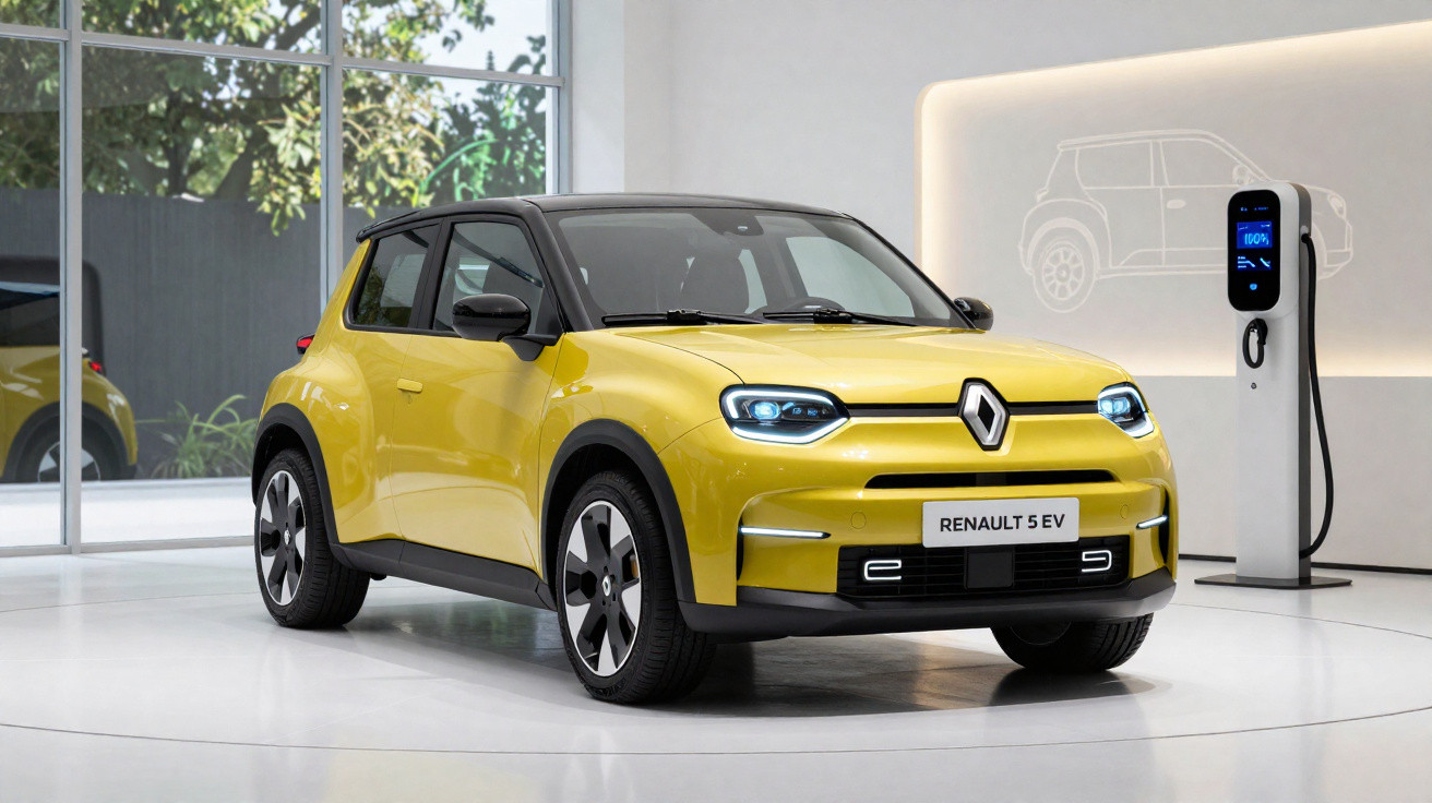 Carro eléctrico Renault 5 EV amarelo estacionado junto a posto de carregamento interior em espaço moderno.