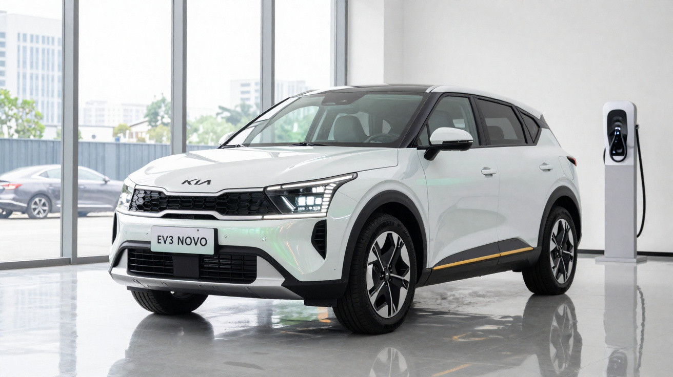 Carro elétrico Kia EV3 branco estacionado numa sala com carregador elétrico encostado à parede.