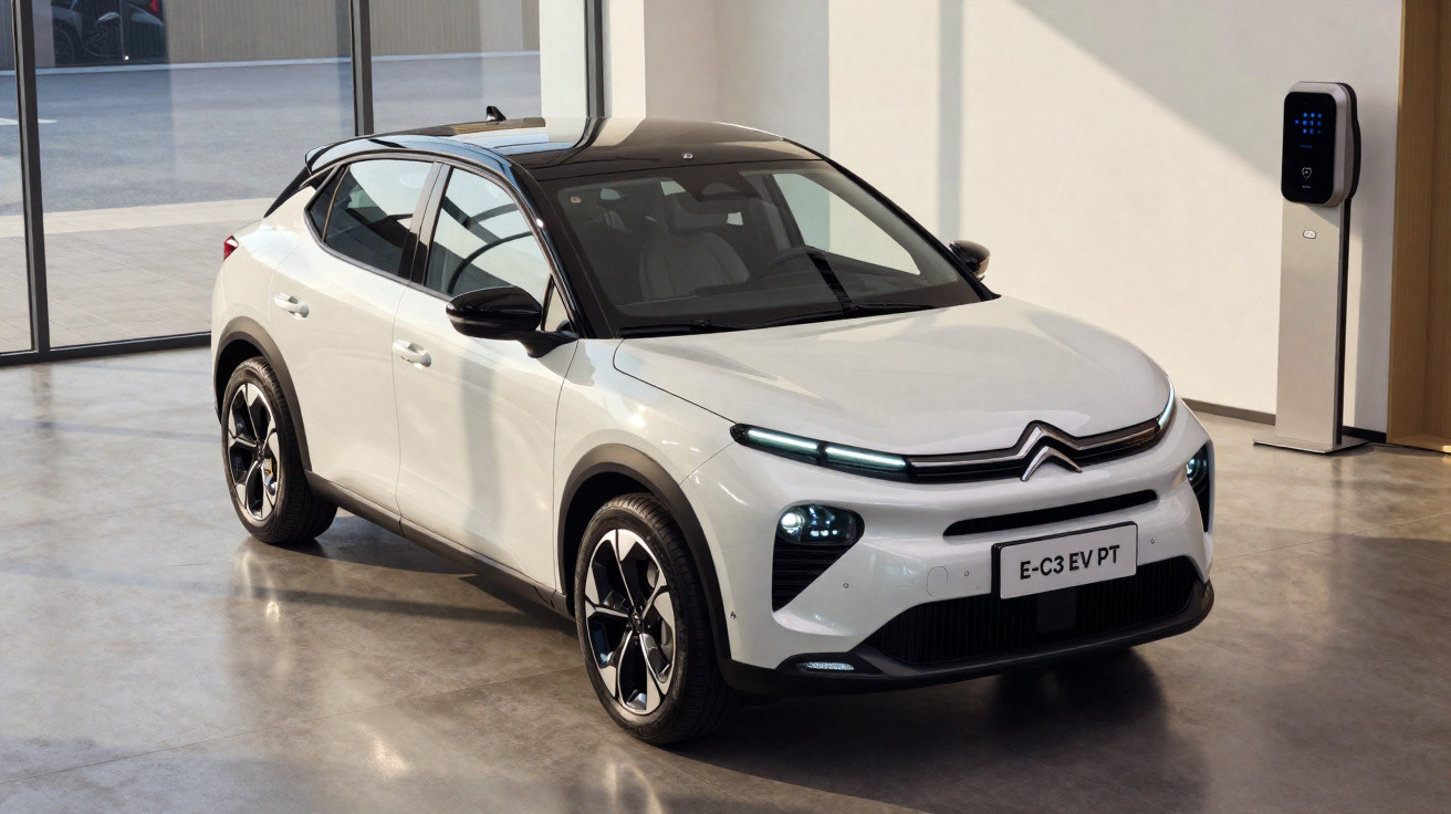Carro elétrico Citroën E-C3 EV branco estacionado dentro de um espaço moderno com ponto de carregamento.