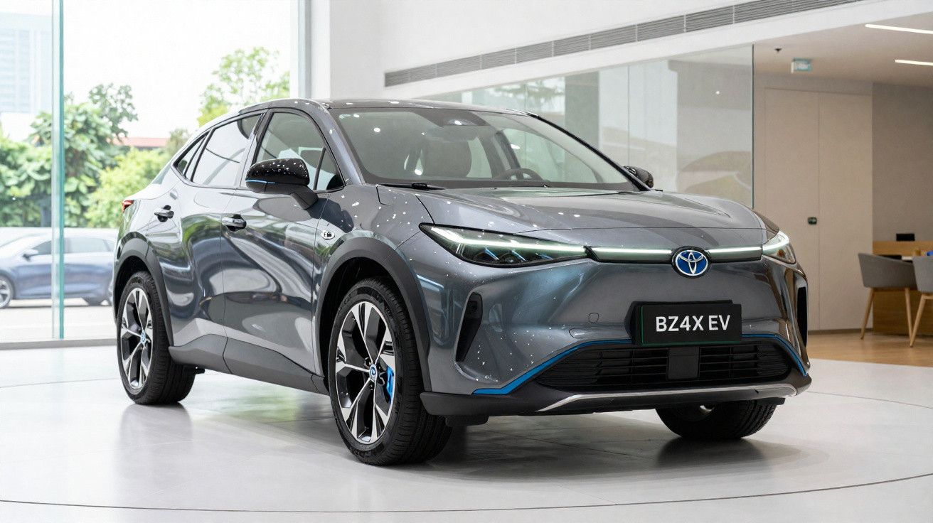 Carro eléctrico Toyota BZ4X cinza estacionado em showroom moderno com janelas grandes e iluminação interna.