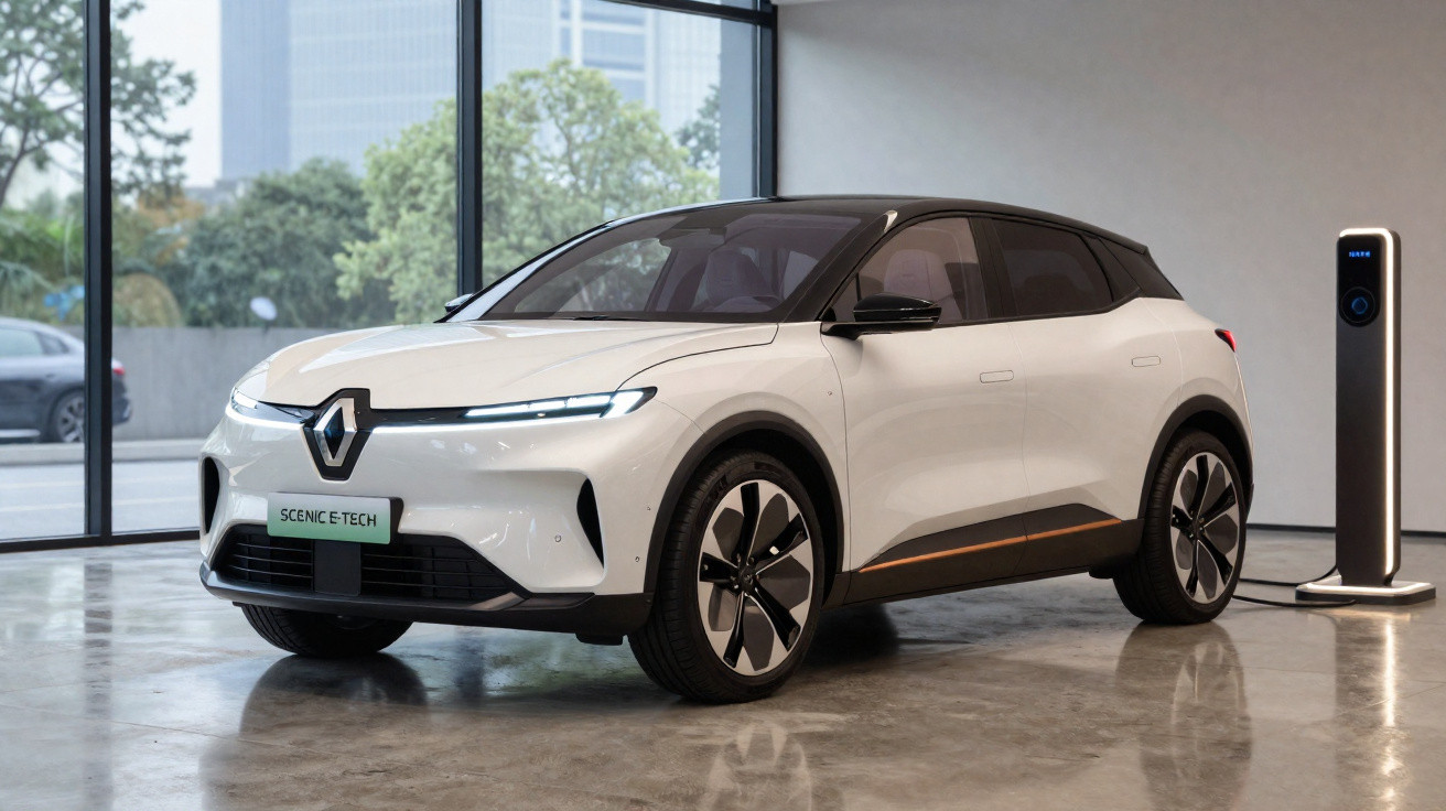 Automóvel elétrico branco Renault Scenic E-Tech estacionado em interior junto a posto de carregamento.