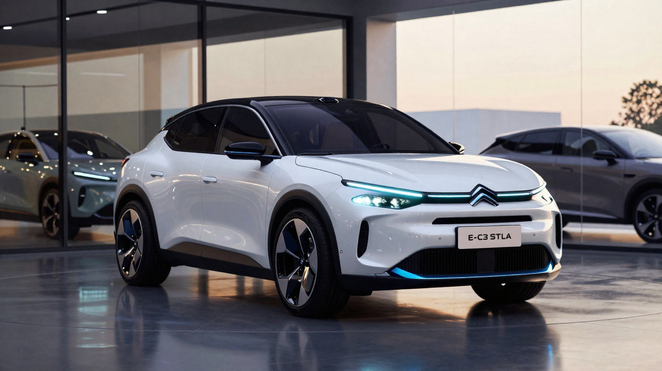 Carro elétrico Citroën E-C3 STLA branco, com luzes LED acesas, em exposição interior contemporânea.