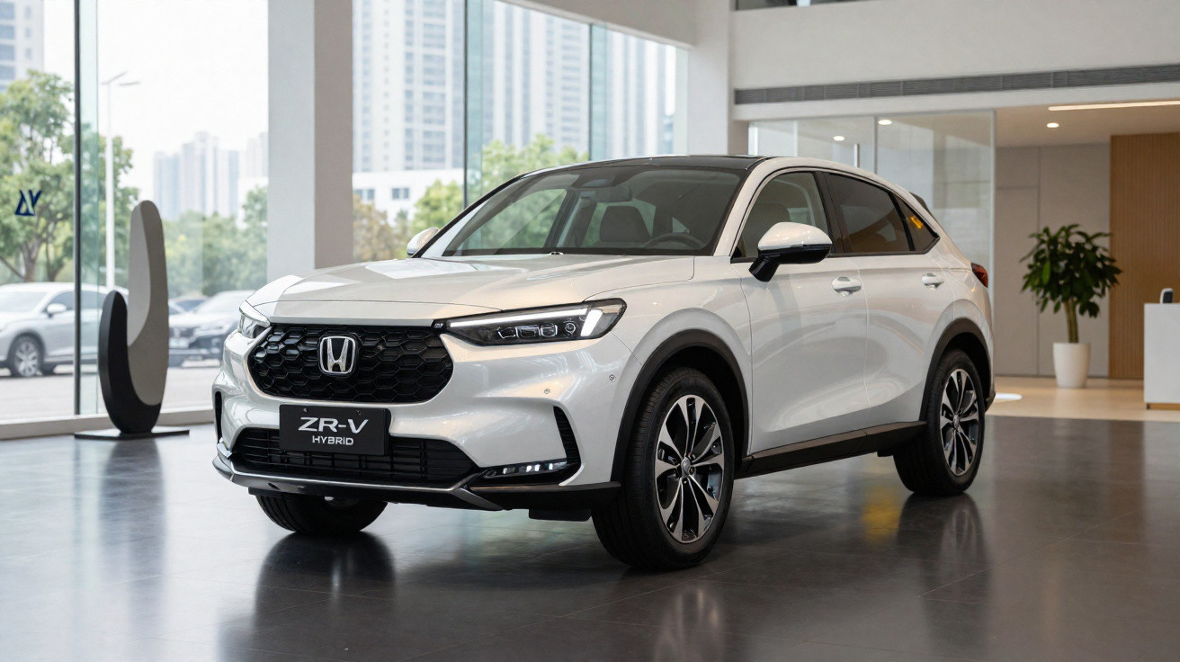 Automóvel branco Honda ZR-V Hybrid exibido numa sala de exposição moderna, vista frontal lateral direita.