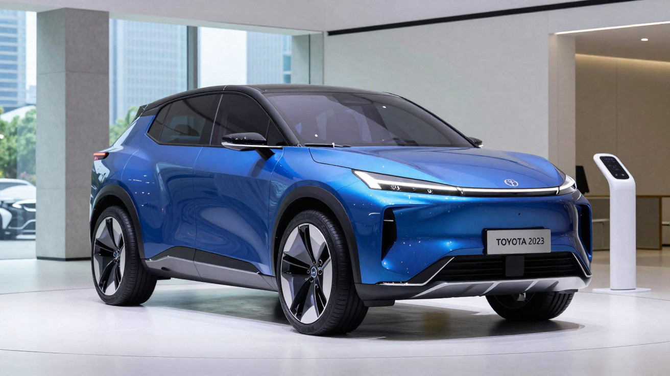 Carro elétrico Toyota 2023 azul brilhante exposado em ambiente moderno e minimalista.