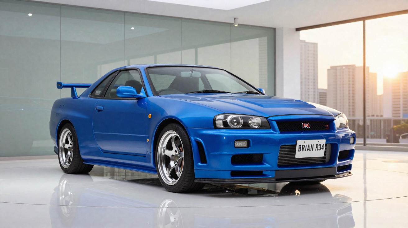 Carro desportivo azul Nissan Skyline GT-R R34 num showroom moderno com grande janela ao fundo.