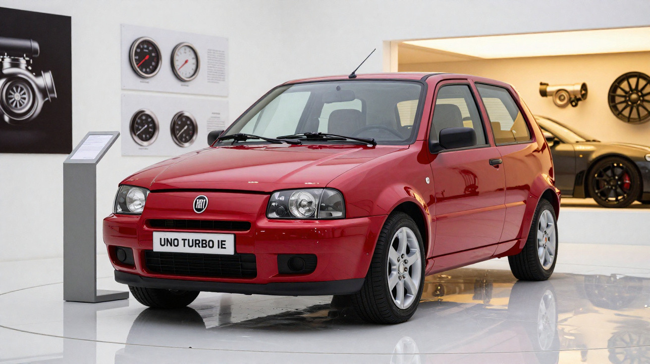 Carro Fiat Uno Turbo IE vermelho exposto em museu automóvel com informação técnica ao lado.