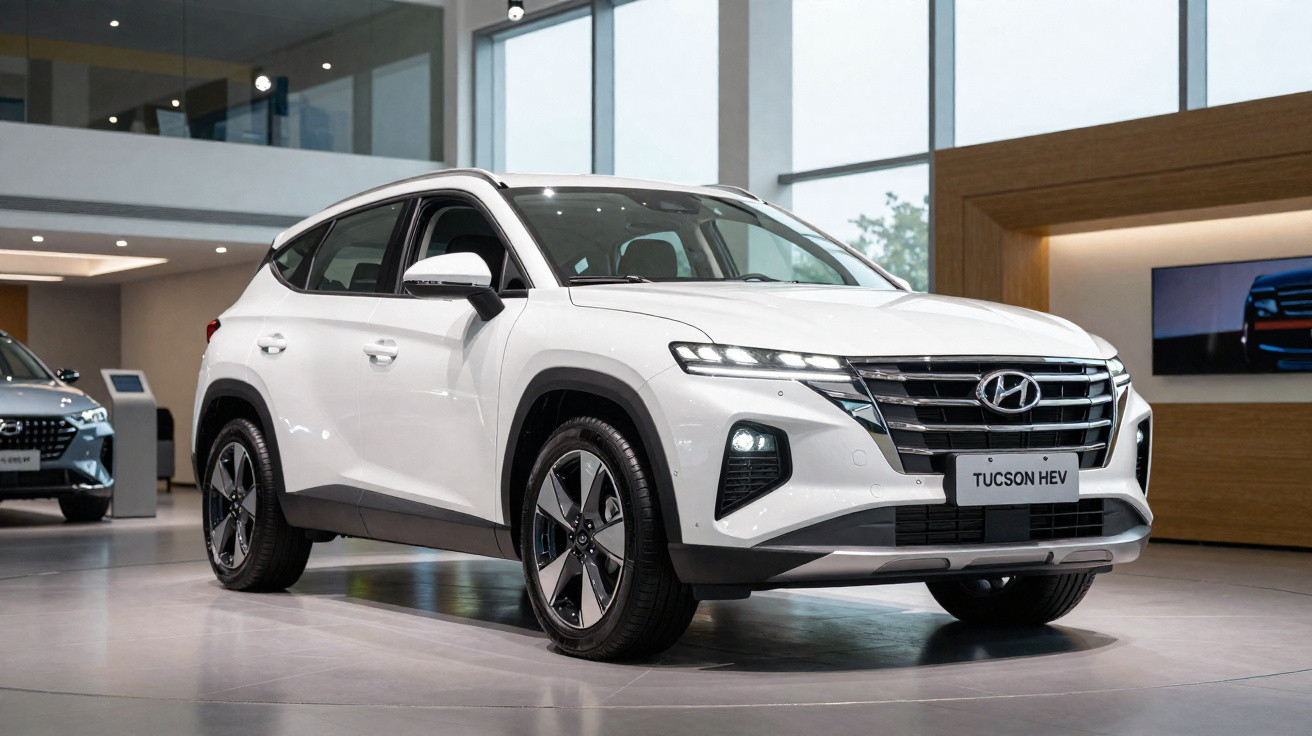 Automóvel Hyundai Tucson HEV branco estacionado em salão de automóveis moderno e iluminado.