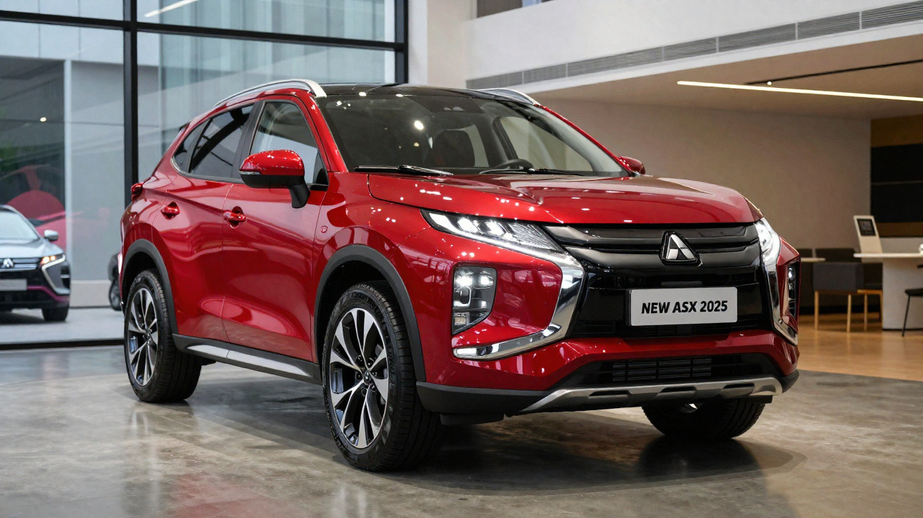 Automóvel SUV vermelho Mitsubishi New ASX 2025 estacionado em interior moderno com janelas grandes.