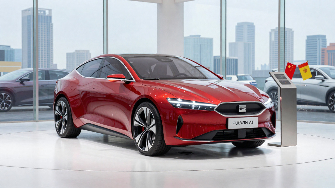 Carro desportivo elétrico vermelho Fulwin A11 em exposição numa sala com grandes janelas e vista urbana.