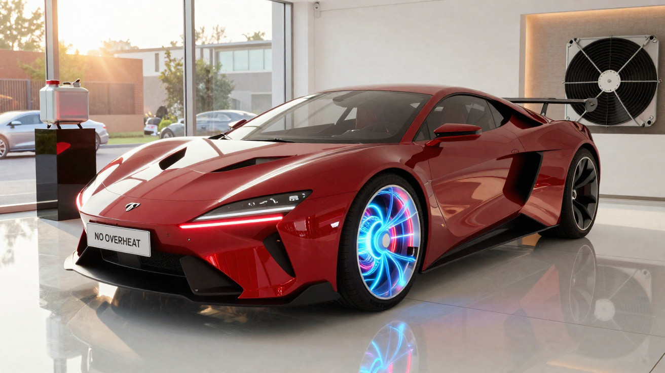 Carro desportivo elétrico vermelho brilhante estacionado em salão moderno com rodas iluminadas.