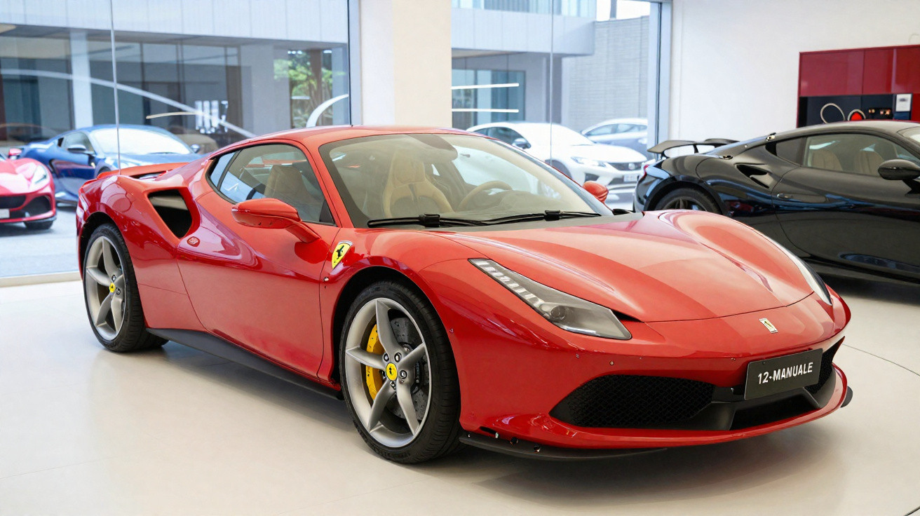 Carro desportivo Ferrari vermelho exposto numa sala de exposição moderna com outros carros ao fundo.