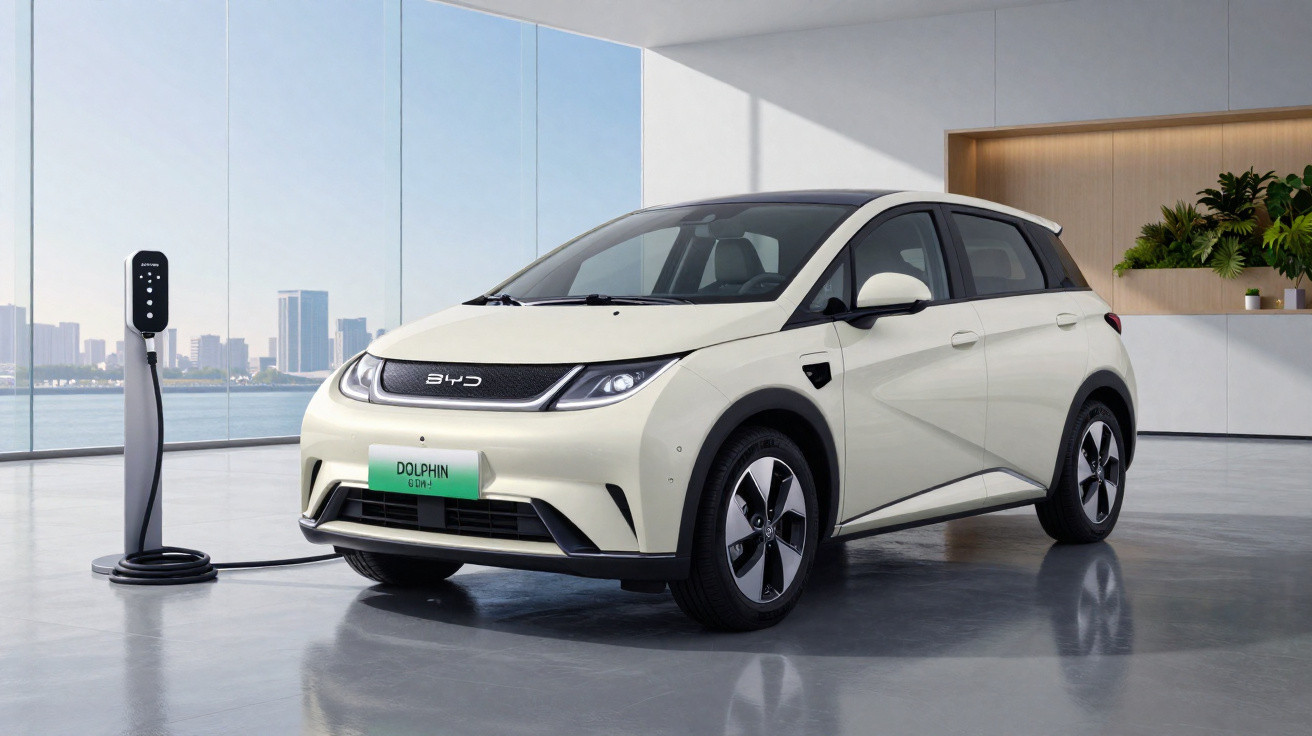 Carro elétrico branco BYD Dolphin ligado a carregador em garagem moderna com vista para cidade.