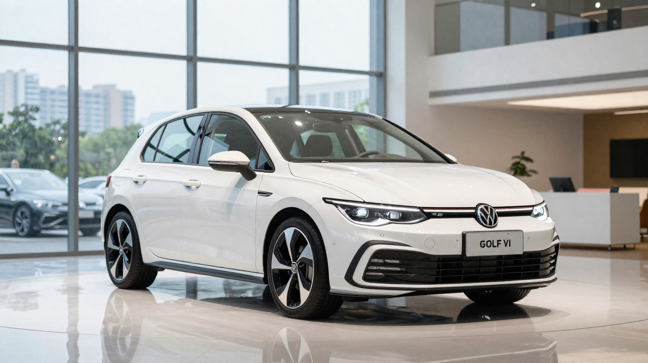 Volkswagen Golf VI branco estacionado numa sala de exposição moderna com janelas amplas.