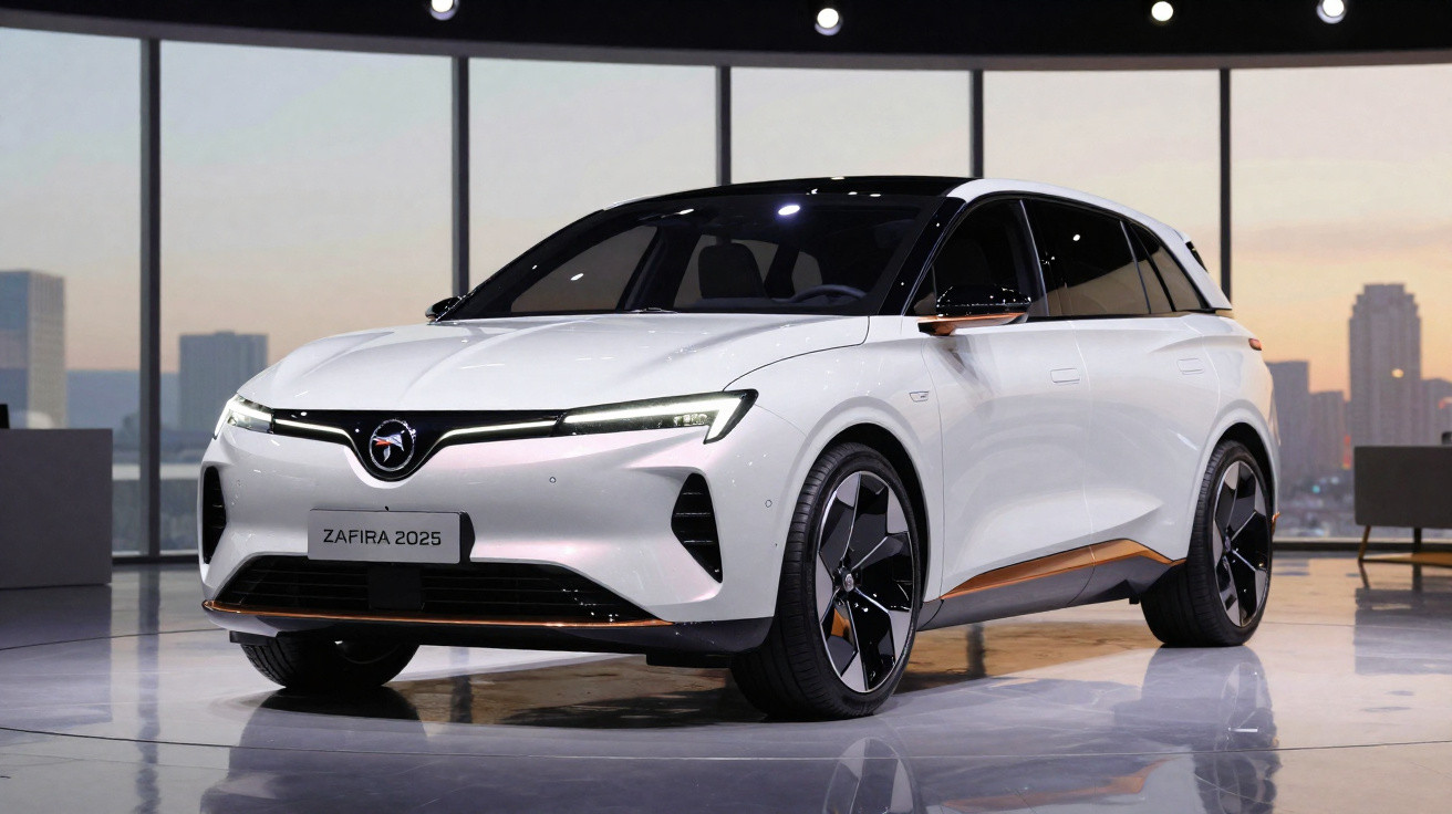 Carro elétrico branco Zafira 2025 apresentado num salão com janelas grandes e vista urbana.