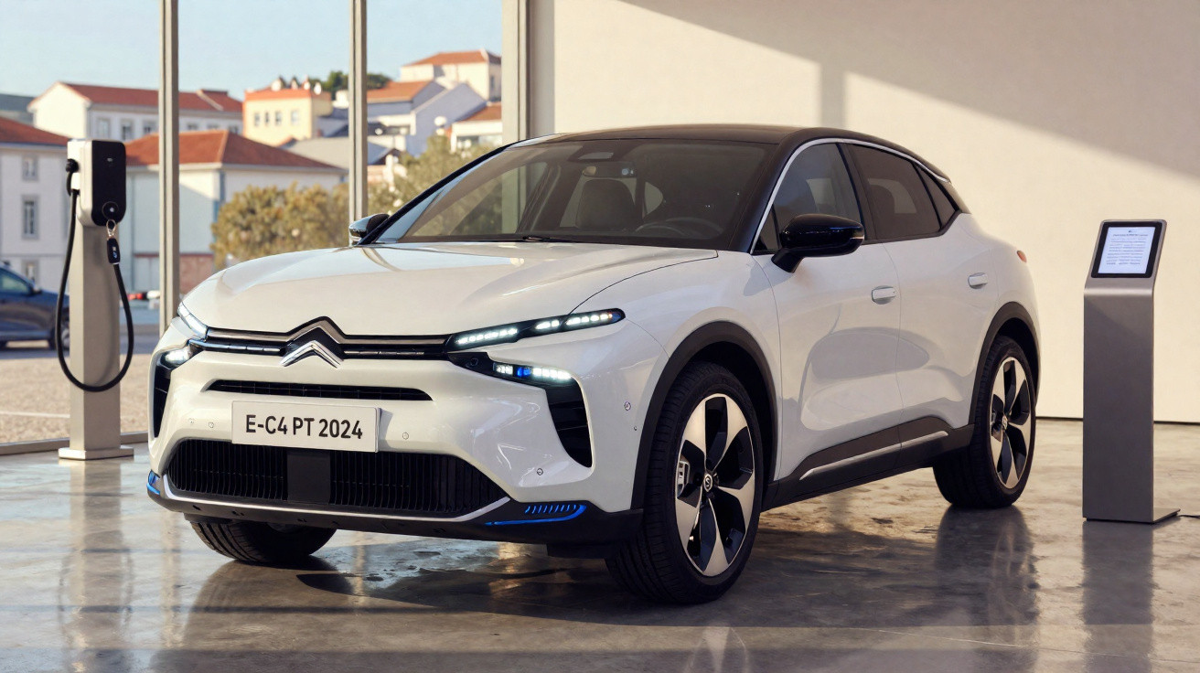Carro elétrico Citroën E-C4 branco estacionado em posto de carregamento interior moderno.