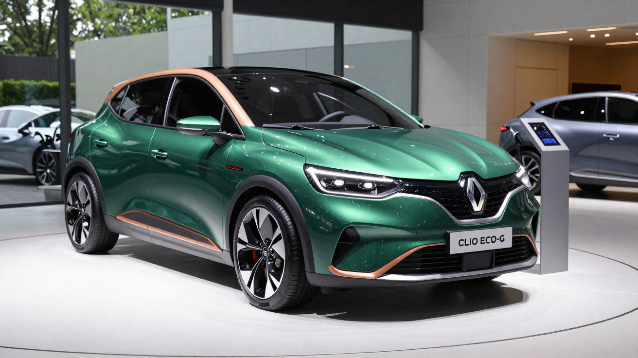 Renault Clio Eco-G verde com detalhes cobre num salão automóvel moderno.