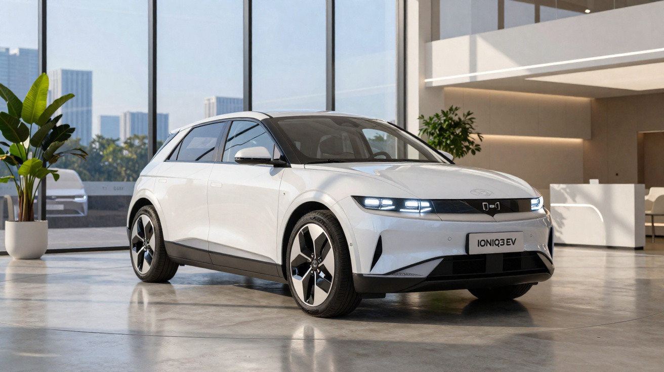 Carro elétrico branco Hyundai Ioniq 3 EV estacionado em ambiente moderno com vidros grandes e plantas.
