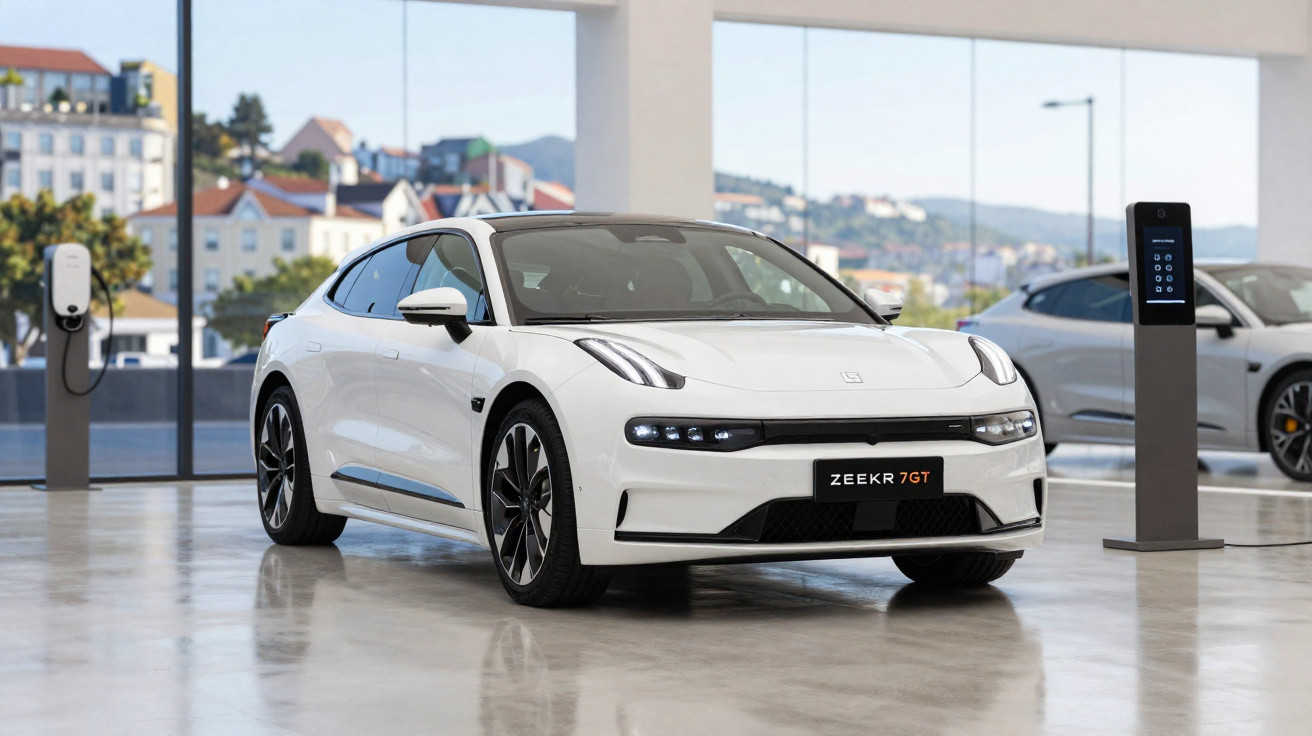 Carro elétrico branco ZEEKR 7GT em exposição numa sala com grandes janelas e posto de carregamento.