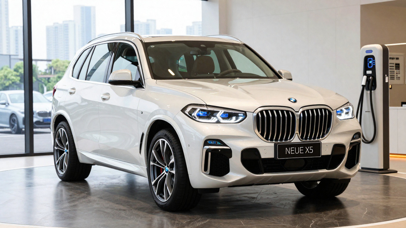SUV BMW branco modelo Neue X5 estacionado junto a posto de carregamento elétrico no interior de uma loja.
