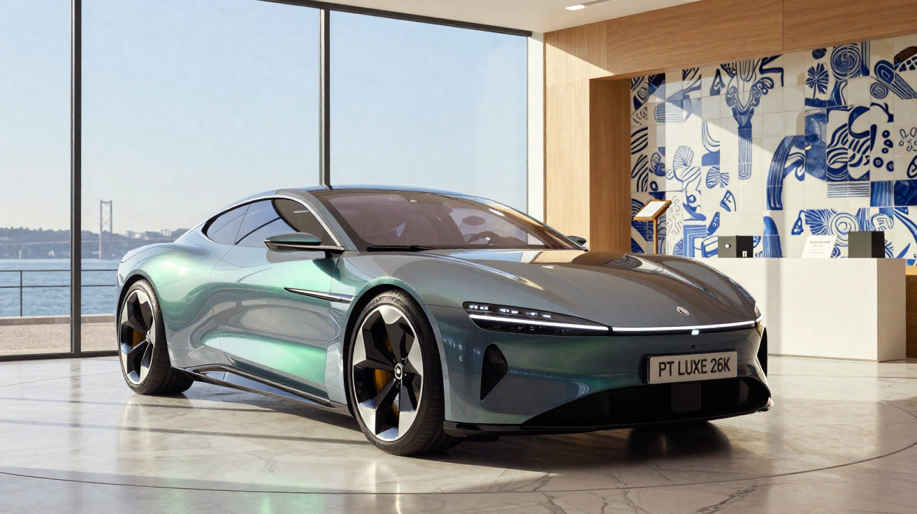 Carro desportivo elétrico verde metálico exibido numa sala com janelas amplas e vista para o mar.