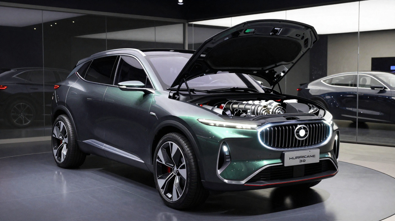 Carro elétrico desportivo verde com capot aberto num salão automóvel moderno e espelhado.