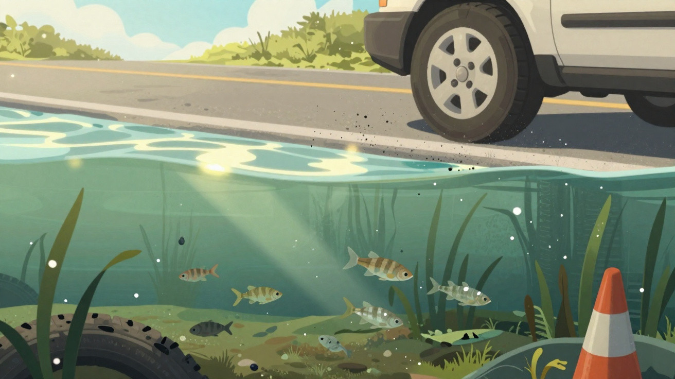 Carro parado junto a estrada inundada com peixes a nadar e cone de sinalização na água.