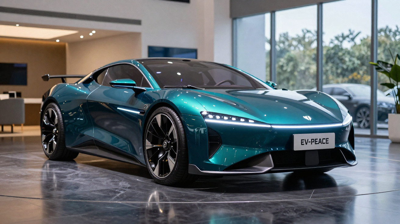 Carro desportivo elétrico azul metálico com design futurista exposto em showroom moderno.
