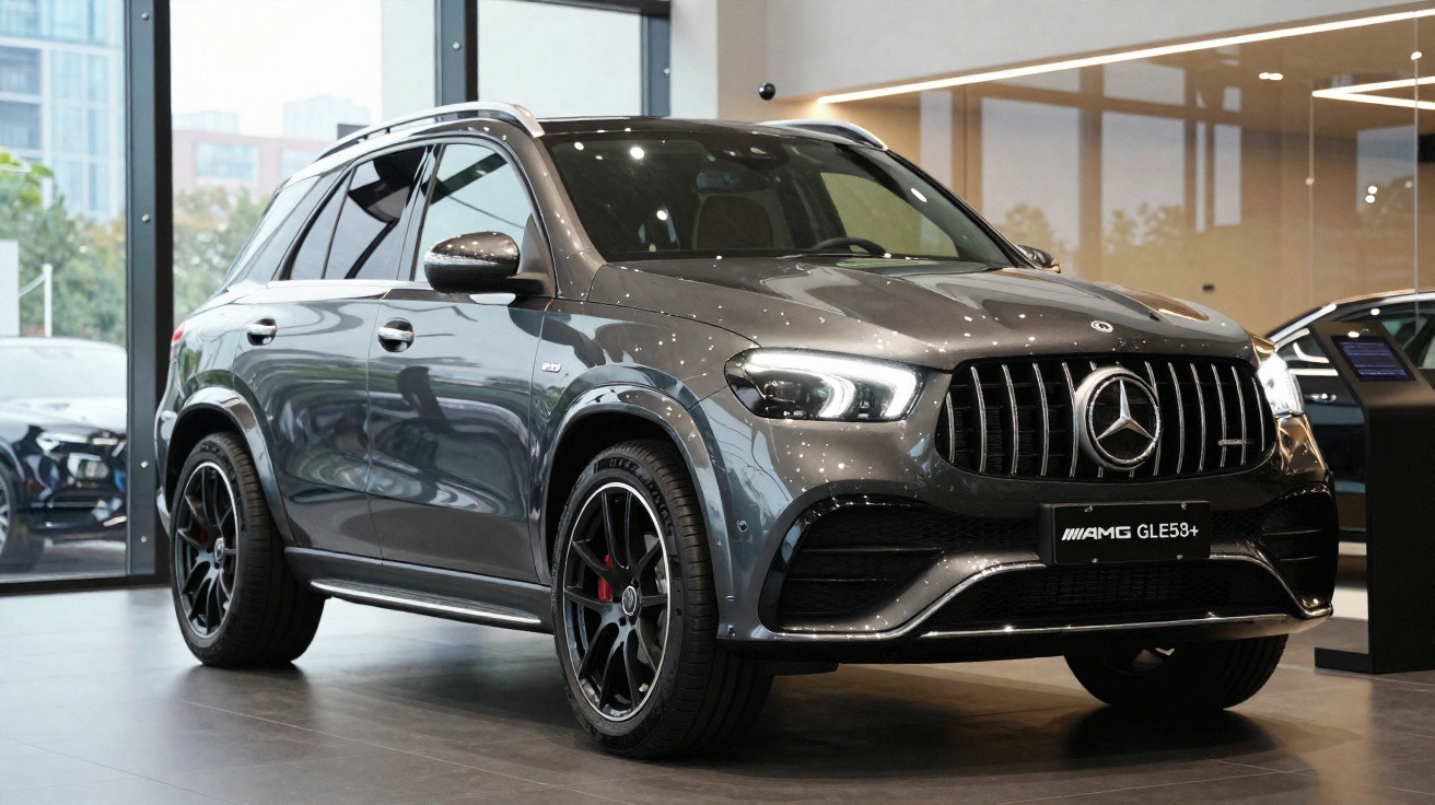 Mercedes-Benz AMG GLE 53+ cinza metálico exposto em salão moderno com janelas amplas.