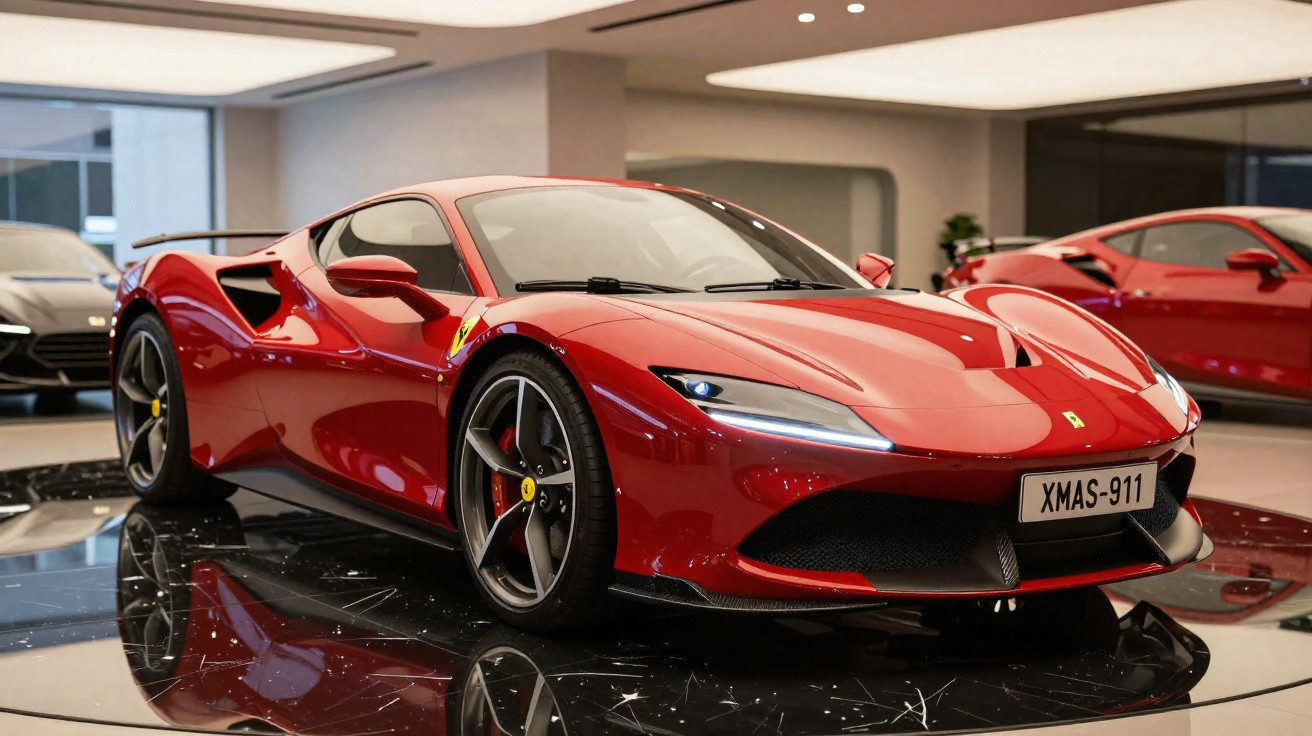 Carro desportivo vermelho Ferrari exposto em salão moderno com chão refletor.