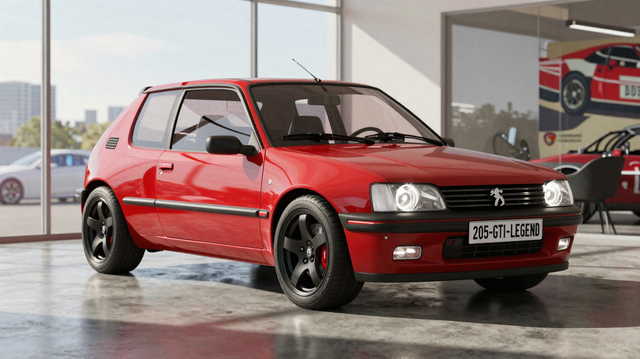 Peugeot 205 GTI vermelho estacionado em sala de exposições com janelas amplas e decoração automóvel.