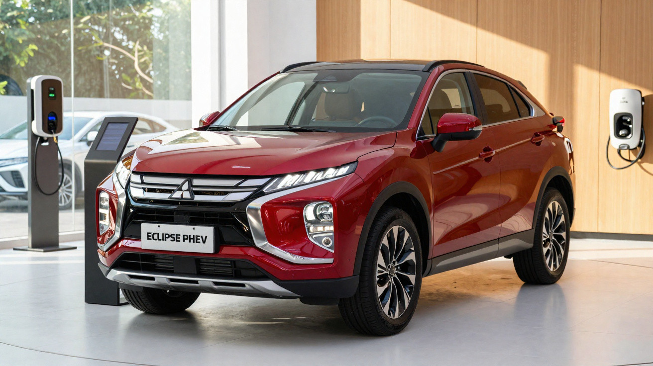 Carro elétrico vermelho Mitsubishi Eclipse PHEV estacionado em espaço interior com estações de carregamento à sua volta.