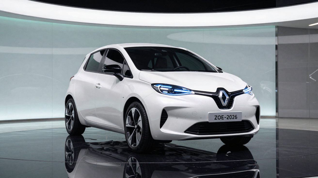 Renault ZOE branco elétrico com faróis azuis e design moderno exposto em stand.