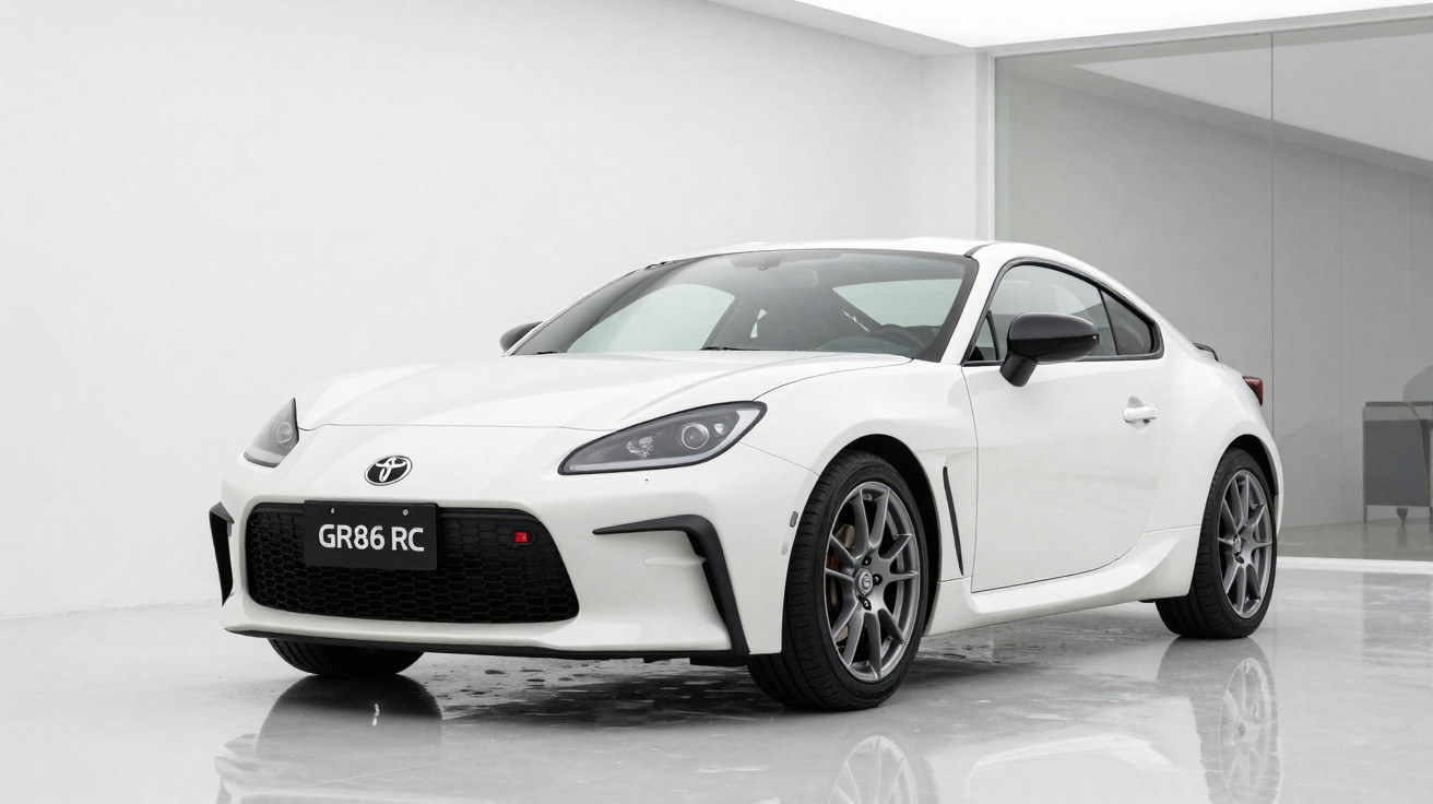 Carro desportivo Toyota GR86 RC branco estacionado em ambiente interior minimalista e luminoso.