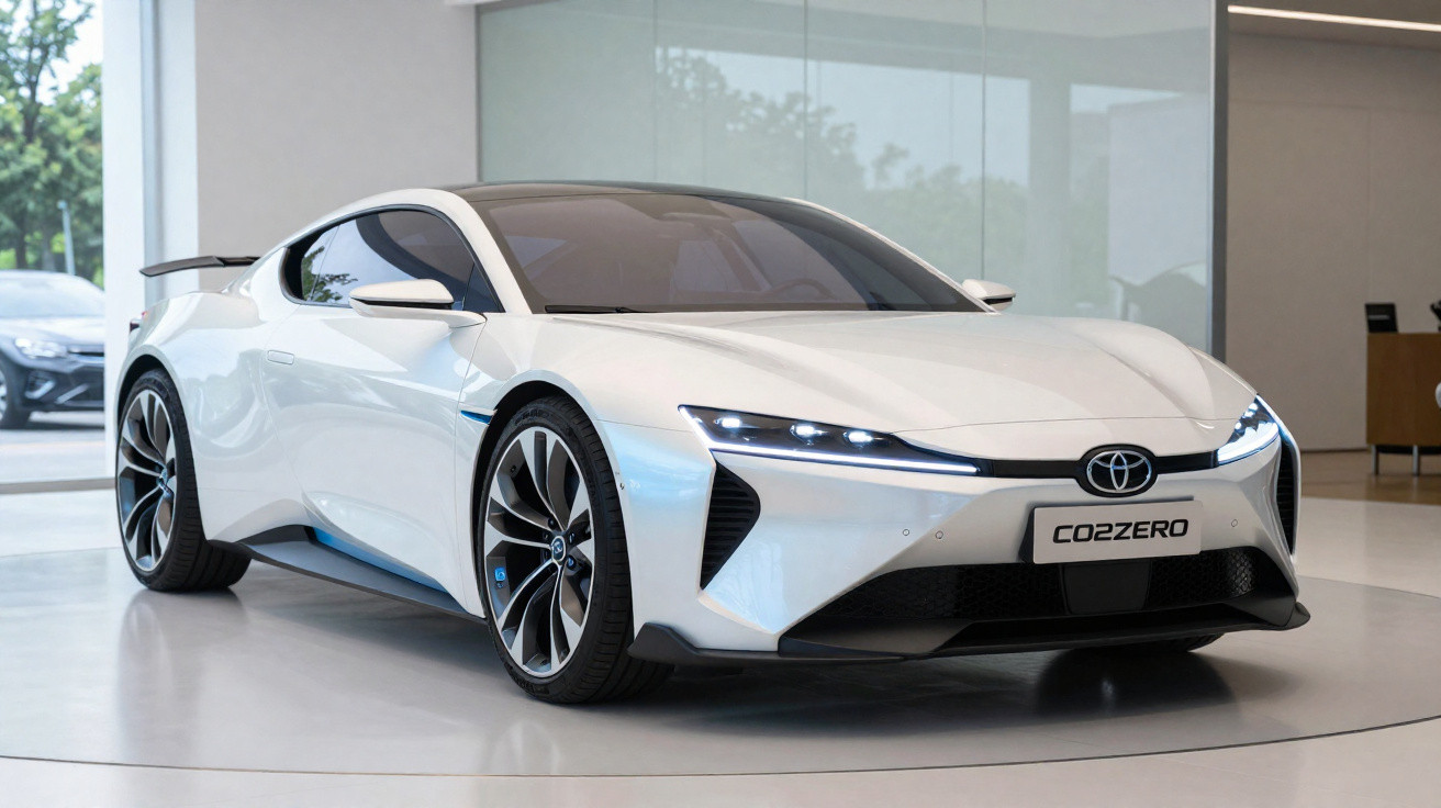 Carro desportivo elétrico branco Toyota COZZERO exibido em showroom moderno com jantes largas e design aerodinâmico.