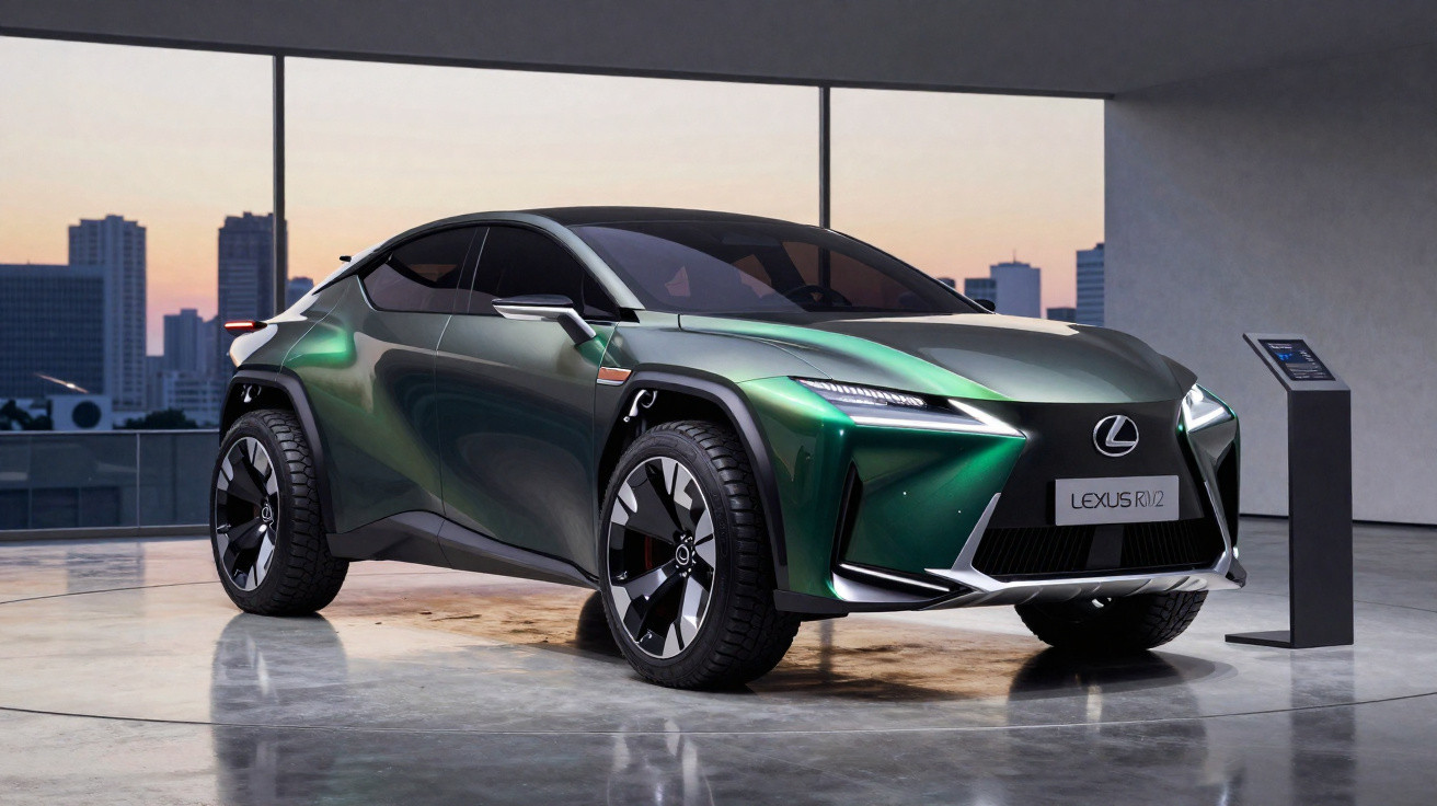 Carro elétrico Lexus RX 12 verde metálico com design futurista exposto em salão moderno ao entardecer.