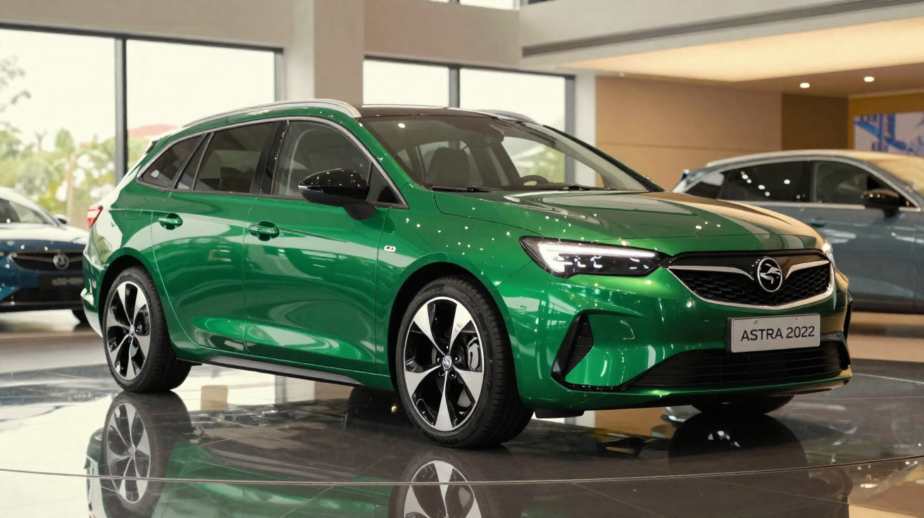 Automóvel Opel Astra 2022 verde exposto numa sala de showroom moderna e iluminada.