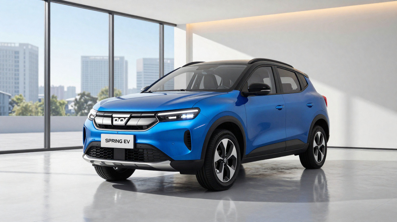 Carro elétrico azul Daf Spring EV, SUV compacto, estacionado em interior moderno com janelas grandes.