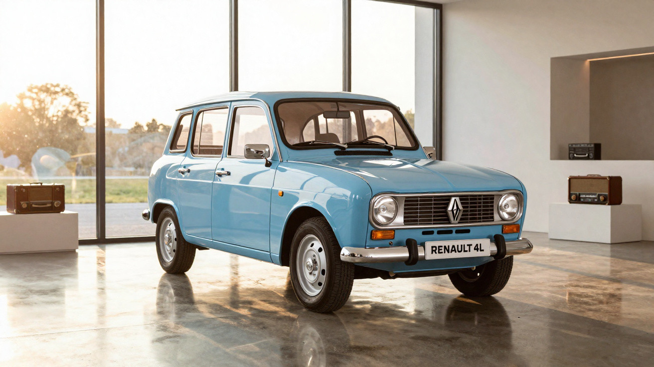 Carro clássico Renault 4L azul em exposição numa sala com janelas grandes e luz natural.