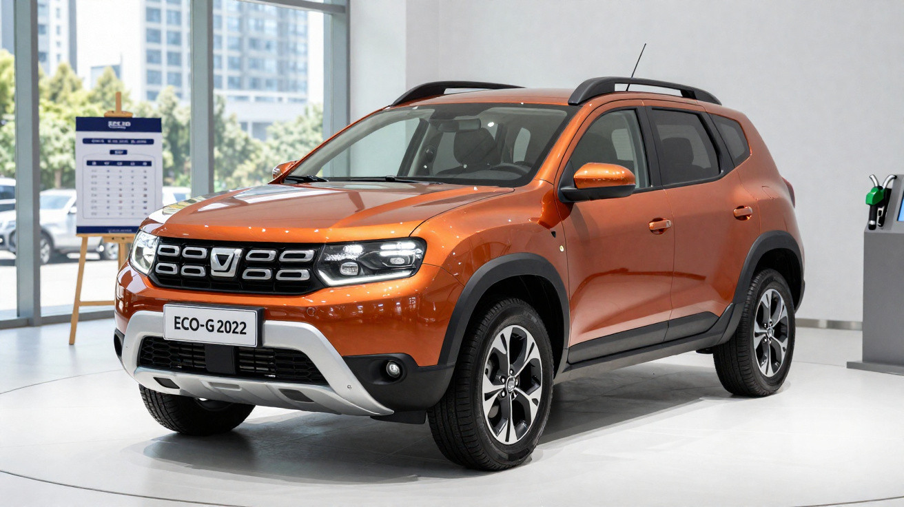SUV laranja Dacia ECO-G 2022 exibido em showroom moderno com janelas amplas e luz natural.