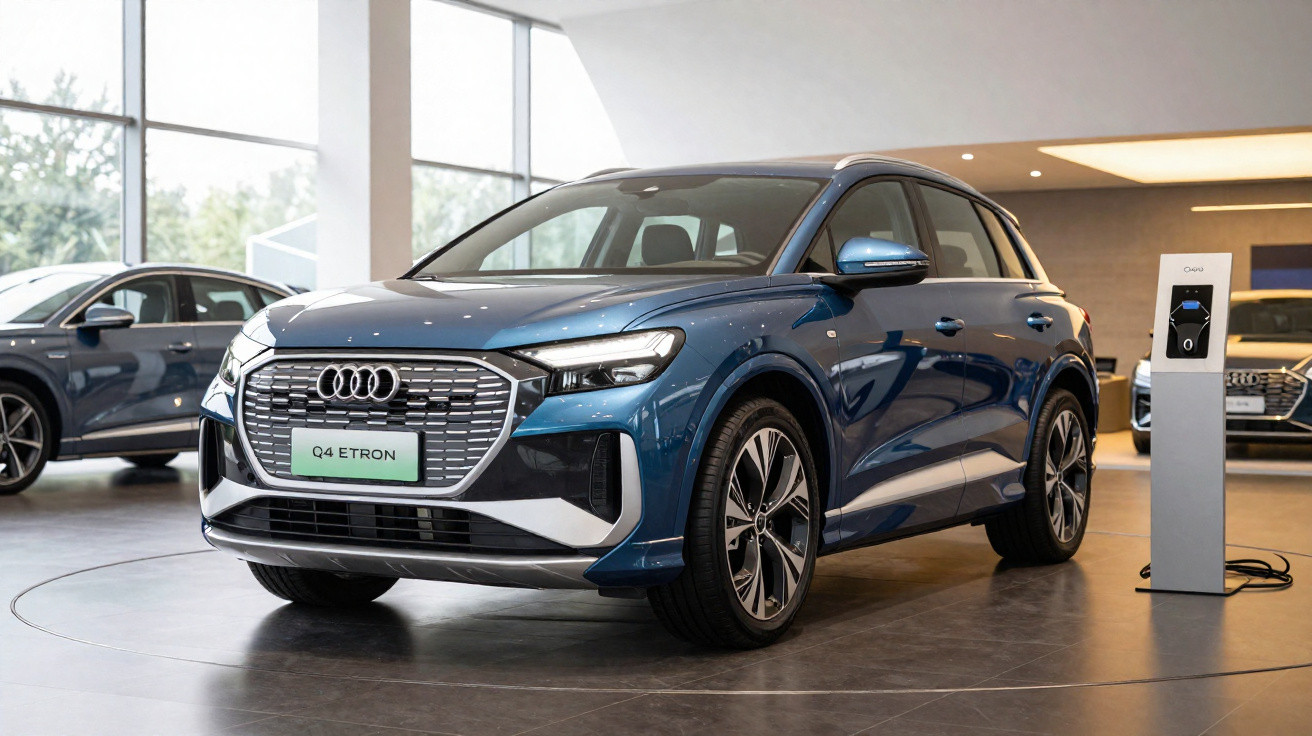 Audi Q4 e-tron azul estacionado num showroom ao lado de posto de carregamento elétrico.